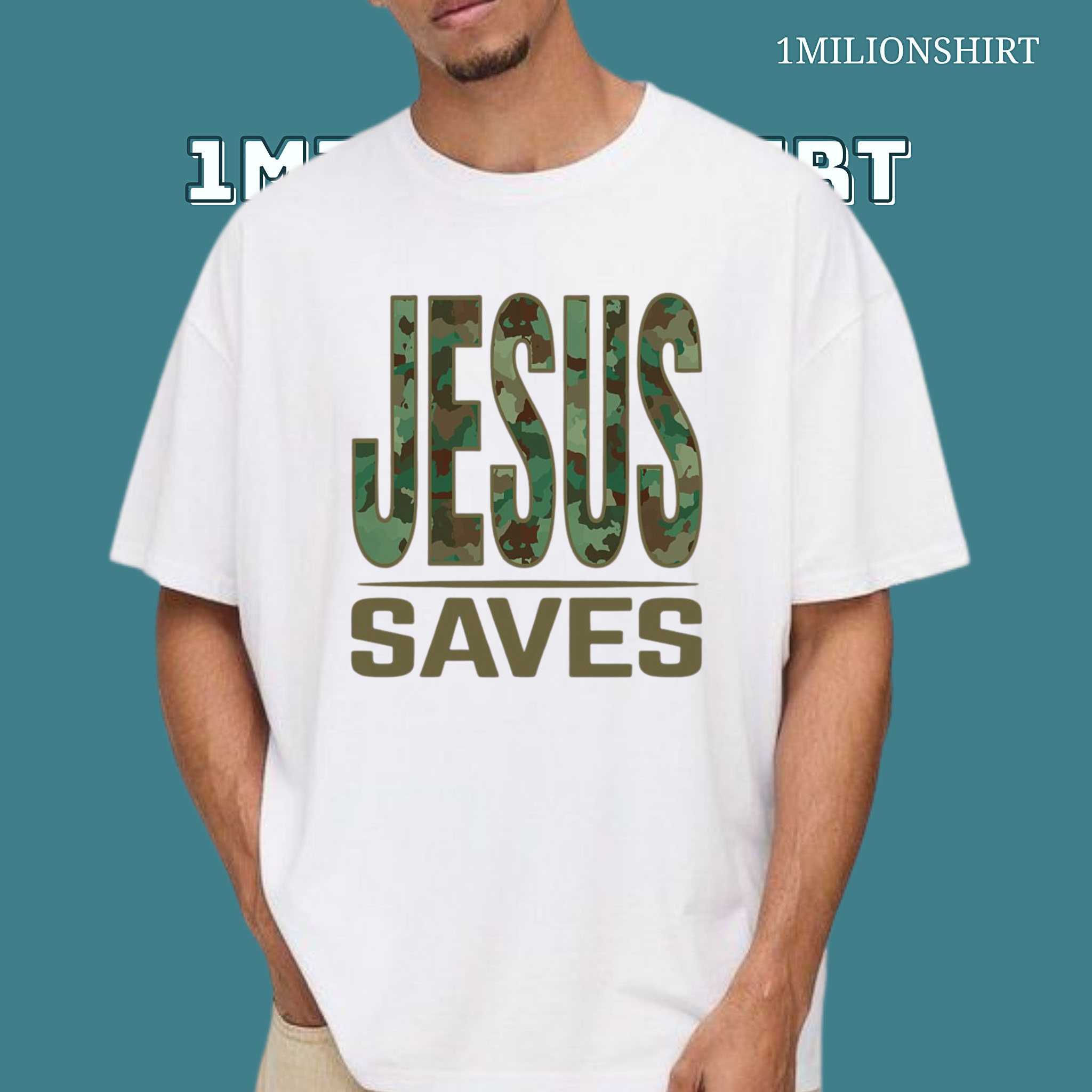 Jesus Saves T-Shirt – Camo Print Christian Faith Tee