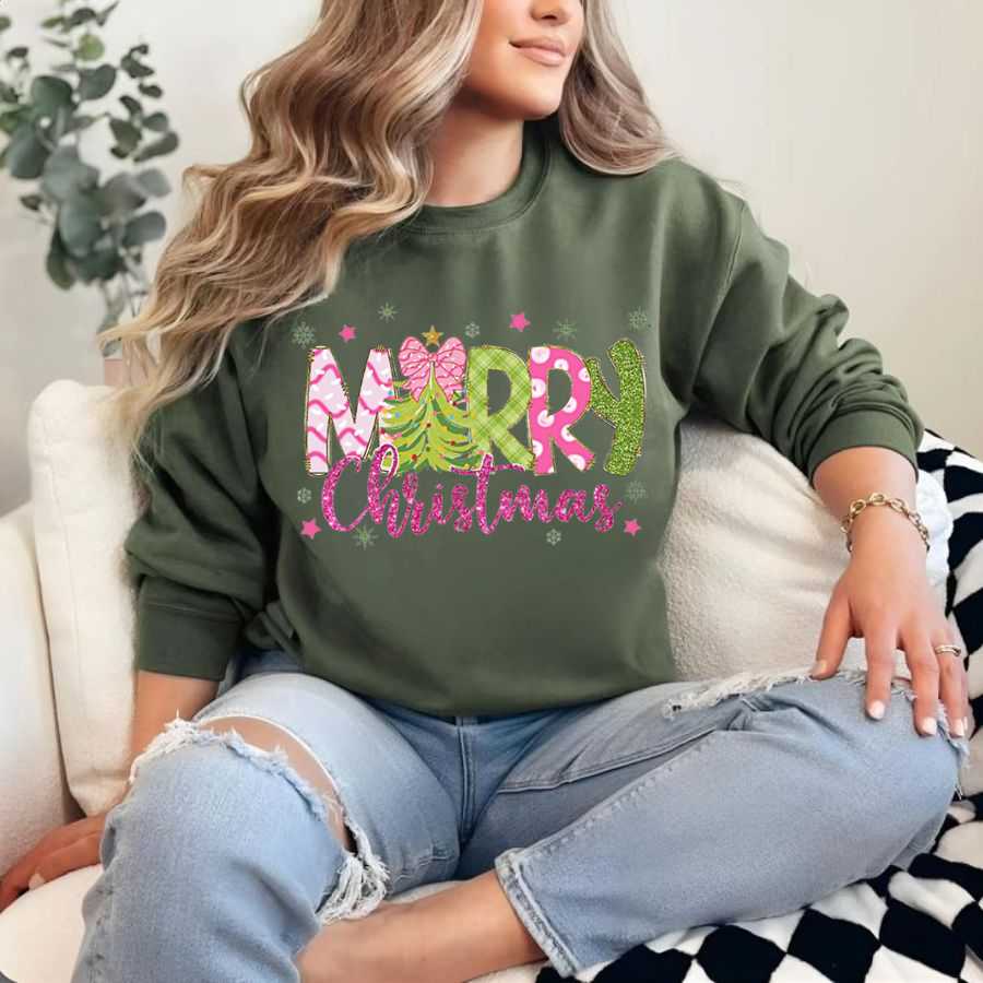 Pink Bow & Greenery Christmas Sweatshirt