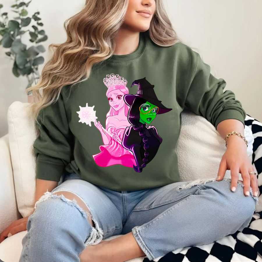 Elphaba And Glinda Dual-Portrait Sweatshirt - Wicked Aesthetic Pink & Green Art Elphaba And Glinda Dual-Portrait Sweatshirt - Wicked Aesthetic Pink & Green Art