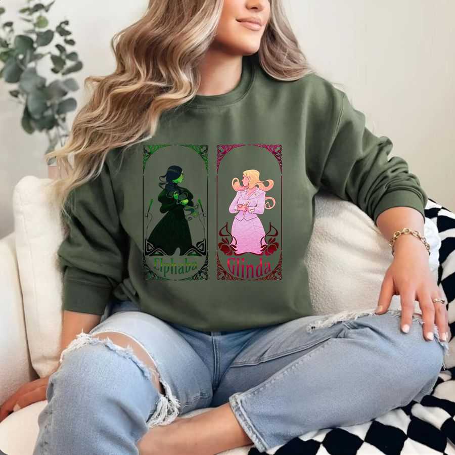 Wicked Elphaba & Glinda Vintage Framed Sweatshirt - Character Portrait Pullover Wicked Elphaba & Glinda Vintage Framed Sweatshirt - Character Portrait Pullover