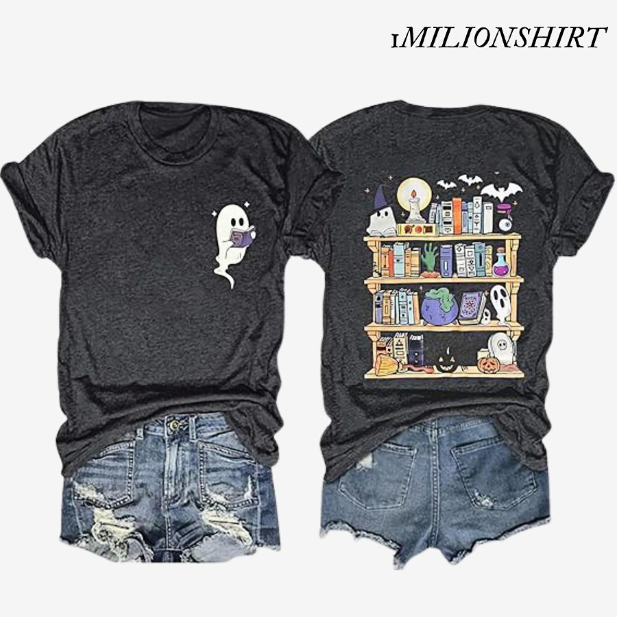 Halloween Teacher T-Shirt, Women’s Ghost Reading Shirt