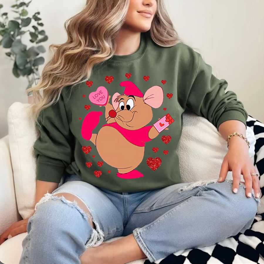 Cute Mouse Character Glitter Heart Valentine Sweatshirt